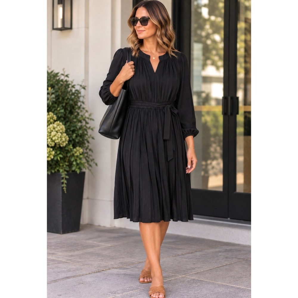 Simply Vera Vera Wang Pleated Tie Waist Midi Dress Sz XL Minimalist Chic
